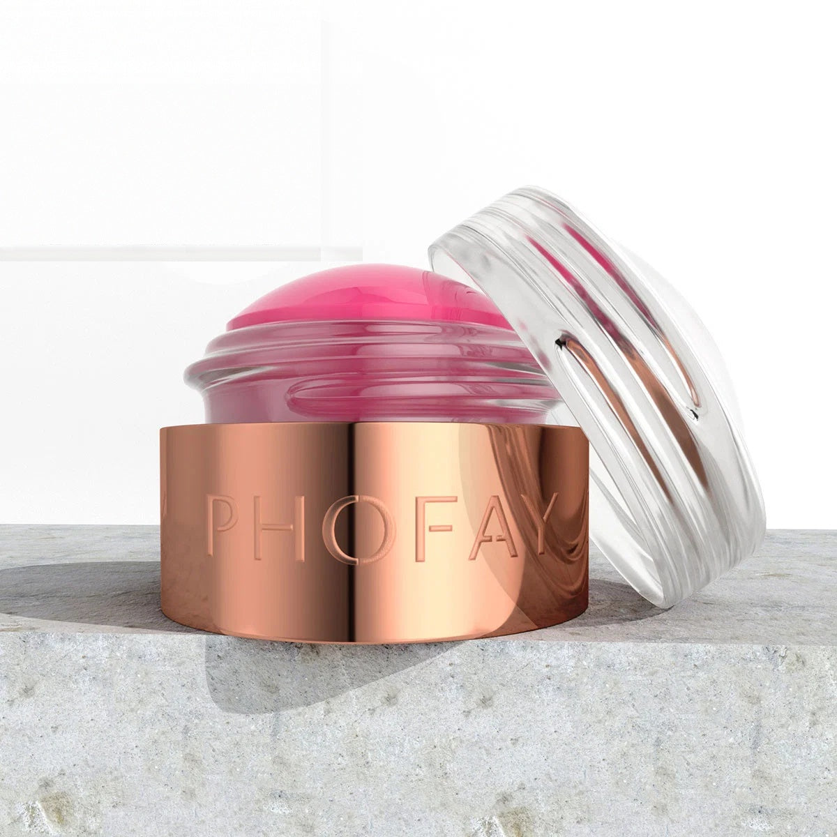 PHOFAY Mousse Blush Cream – roze mousse-blush in pot met rosé-gouden ring
