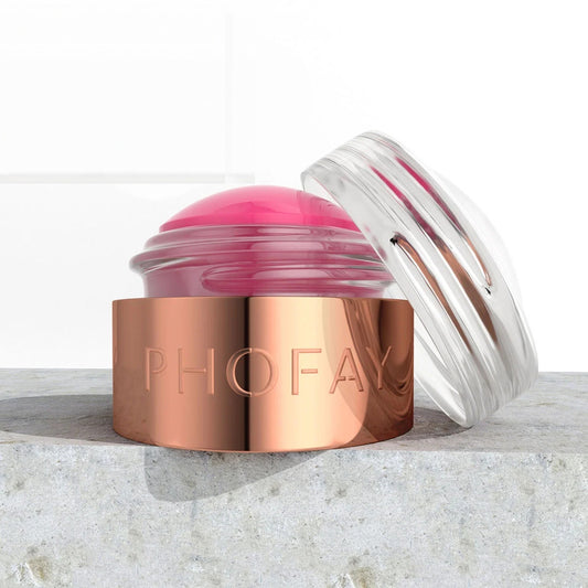 PHOFAY Mousse Blush Cream – roze mousse-blush in pot met rosé-gouden ring